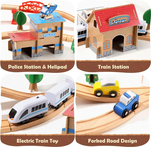 Vista 2 de Juego de tren eléctrico de madera para niños pequeños, 88 piezas de juguetes de vías de tren para 3, 4, 5 años, gran regalo de Navidad para niños