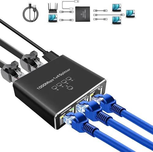 Vista 9 de Divisor Gigabit Ethernet Pushua 1 a 2 de Alta Velocidad, Divisor de Internet 1000Mbps 1 Entrada 2 Salidas, LAN con Cable de Alimentación USB, RJ45