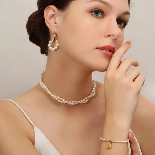 Vista 5 de Gargantilla de perlas, collar de gargantilla de perlas chapado en oro de 14 quilates para mujeres y niñas, collar de perlas de agua dulce natural
