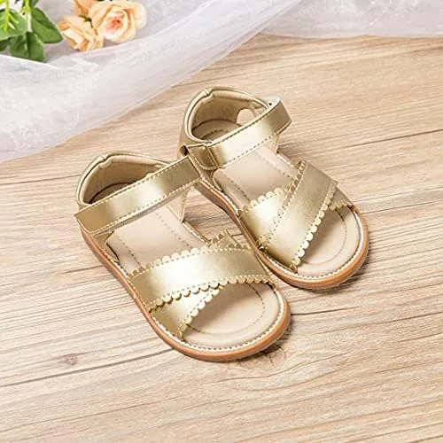 Vista 2 de Felix & Flora Sandalias para niña pequeña - Zapatos de vestir para niña de flores, puntera abierta, zapatos planos de verano para niños pequeños