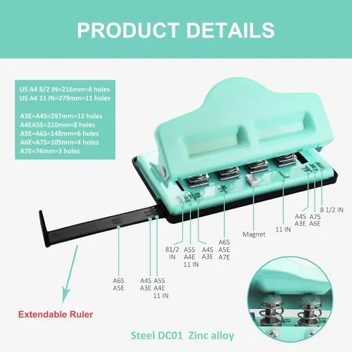 Vista 4 de Gocreate Mint Planner Hole Punch 11 discos de encuadernación suministrados ajustable para planificadores felices encuadernados en disco, perfora tu
