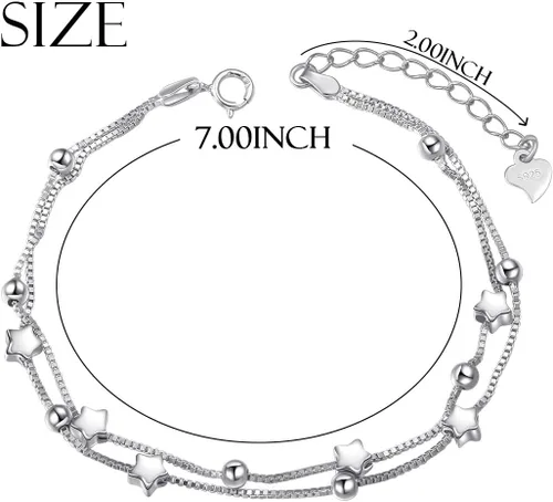 Vista 6 de Pulsera de plata de ley S925 con cuentas de corazón y estrellas de doble cadena, ajustable, regalo para mujeres y niñas, de 7 + 2 pulgadas