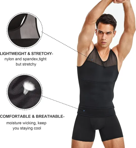 Vista 3 de Camisetas de compresión para hombre, faja moldeadora de pecho, control de abdomen, adelgazante, camiseta interior para entrenamiento, camiseta sin