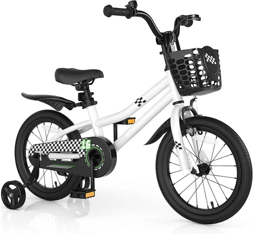 Vista 9 de HONEY JOY Bicicleta para niños, 12, 14, 16, 18, 20 pulgadas, con ruedas de entrenamiento y freno de mano, marco de acero, cadena totalmente cerrada