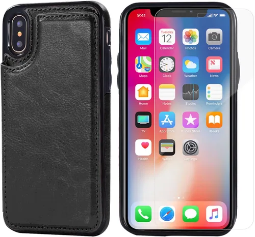 Vista 2 de Funda tipo cartera compatible con iPhone X/XS, funda protectora delgada con tarjetero y ranuras para tarjetas de piel sintética de alta calidad