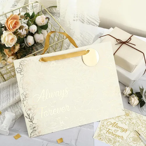 Vista 5 de Loveinside Bolsa de regalo de boda – Diseño de texto floral y siempre y para siempre con papel de seda, tarjeta de felicitación y etiqueta