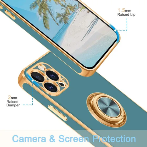 Vista 2 de Fingic Funda para iPhone 12 Pro Max [con soporte de anillo de 360°] [soporte magnético para tarjeta] [soporte de anillo giratorio] [borde dorado]