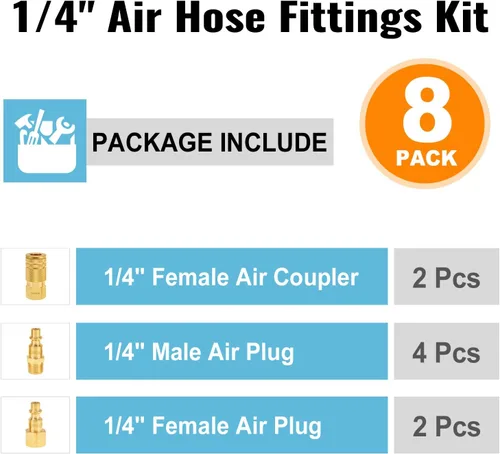 Vista 2 de 8 piezas de accesorios de manguera de aire NPT de 1/4 pulgadas, accesorios de conexión rápida de línea de aire de latón macizo de 1/4 pulgadas, kit