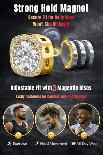 Vista 3 de Aretes magnéticos para hombre con circonita cúbica 5A de acero inoxidable Estilo dorado 1