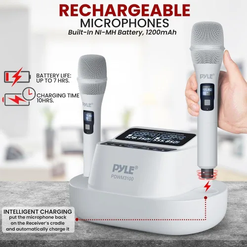 Vista 4 de Pyle Sistema de micrófono inalámbrico UHF con micrófonos de mano duales, recargable por USB, receptor de frecuencia fija Bluetooth, audio DSP