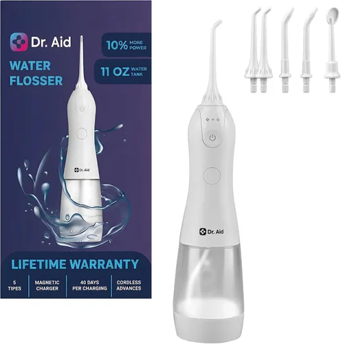 Vista 12 de Dr. Aid Irrigador de agua portátil – Irrigador oral dental para viajes con tanque de 11 onzas, filtro, 5 puntas, cargador magnético – IPX8 Negro