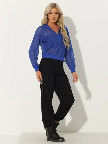Vista 4 de Allegra K Chaqueta con capucha para mujer 2023 con cremallera y manga larga de malla transparente