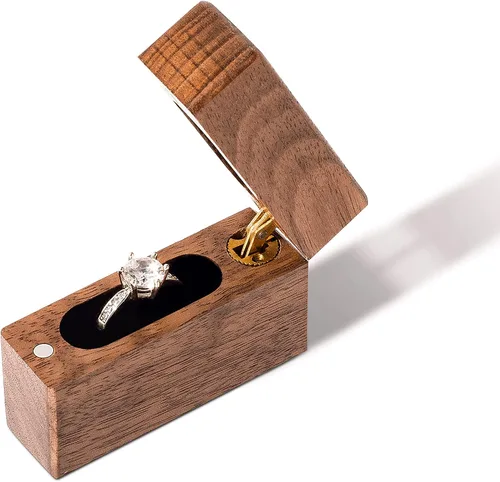 Vista 5 de Wislist Caja de anillos de compromiso de madera pequeña y delgada para propuestas boda madera de nogal