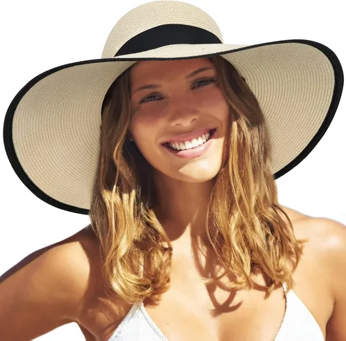 Vista 10 de FURTALK Sombrero de paja para mujer, ala ancha, UPF 80, sombrero de verano, plegable, plegable, flexible, para playa Beige