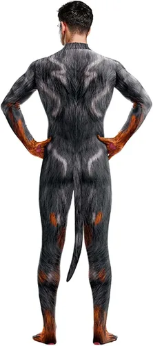Vista 43 de Disfraz de animal para hombre con estampado de cola grande, overol peludo de elastano para cosplay, fiesta de Halloween