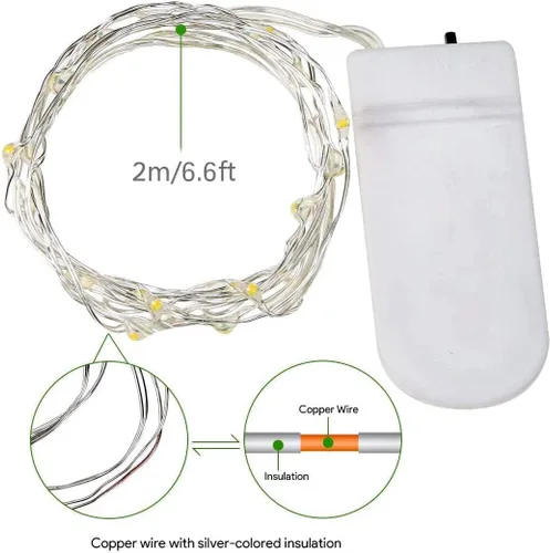 Vista 4 de Guirnalda de luces LED, funciona con pilas, luz de luciérnaga estrellada de 6.6 pies, 20 LED, impermeable, alambre de cobre plateado, mini luz