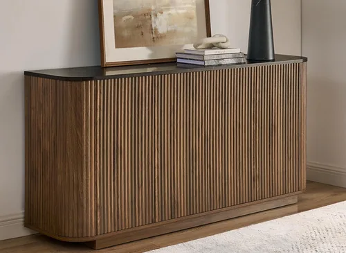 Vista 11 de LKTART Aparador de 64 pulgadas con almacenamiento, armario de almacenamiento de madera acanalada, aparador Credenza con estantes ajustables, resorte