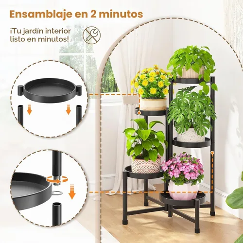 Vista 6 de LASZOLA Soporte alto plegable para plantas de 5 niveles para múltiples macetas grandes, estante ajustable de metal resistente para esquinas