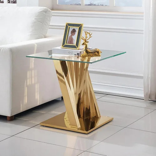 Vista 40 de Mesa auxiliar de cristal dorado de lujo, moderna mesa de centro cuadrada para sofá con base de acero inoxidable con espejo brillante, mesa de noche