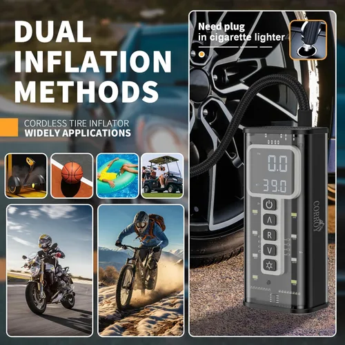 Vista 7 de Inflador de neumáticos Corroy Compresor de aire portátil, inflador de neumáticos inalámbrico de 150 PSI con indicador digital y luz LED, bomba