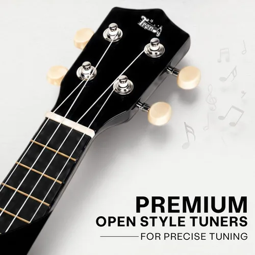Vista 3 de Trendy Ukelele soprano de 21 pulgadas negro kit para principiantes bolsa de transporte afinador correa de cuerda cuadrada diapasón pegatinas ukelele