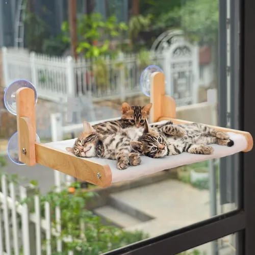 Vista 8 de Percha de Ventana para Gatos con Marco de Madera – Cama Hamaca Plegable para Gatos Aloxina para Gatos de Interior, Cubierta de Piel de Conejo Suave