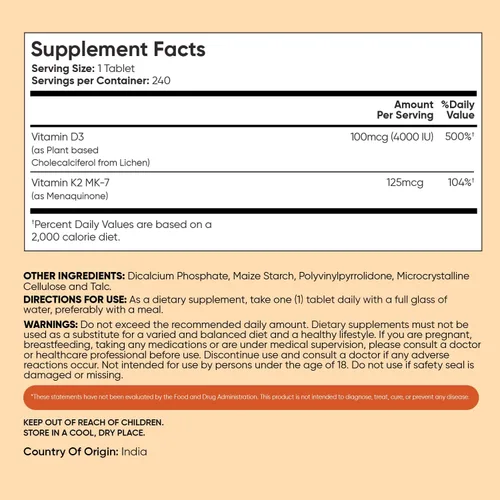 Vista 4 de WeightWorld Vitamina D3 4000 IU + K2 (MK-7) 125mcg - 240 tabletas Huesos, músculos, apoyo inmunológico y absorción de calcio Vitamina vegana a