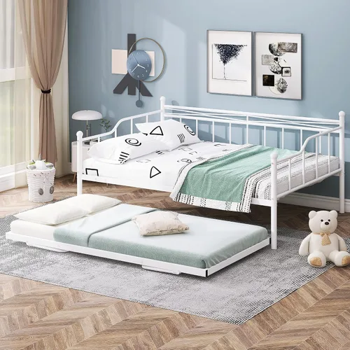Vista 3 de Sofá cama de metal de tamaño matrimonial con nido ajustable de tamaño individual, nido plegable portátil, soporte de listones de metal, cama Blanco
