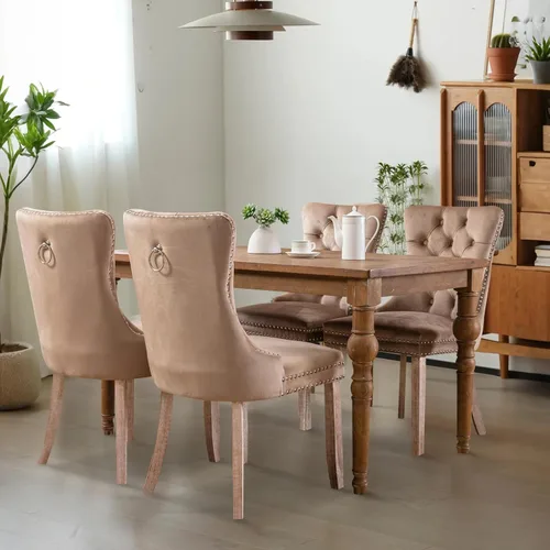 Vista 90 de Juego de 2 sillas de comedor tapizadas de tela de lino, sillas de cocina modernas de mediados de siglo con respaldo alto, ribete de cabeza de clavo
