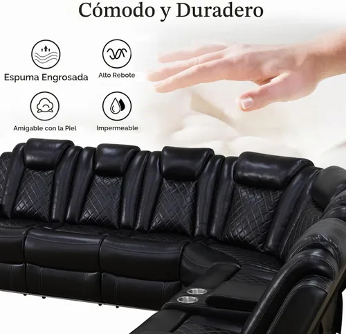 Vista 5 de Sofá Seccional Reclinable Eléctrico, Sofá Modular Seccional Reclinable de Cuero Negro, Sofá de Cuero en Forma de L con Luces LED/Cargador