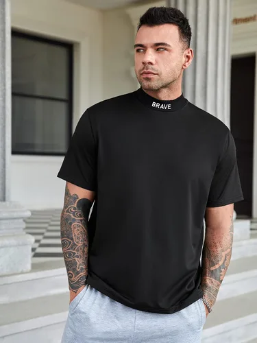 Vista 3 de RLOKK Camisas para hombres y hombres, con bordado de letras y cuello alto falso (color negro, talla 5XL)
