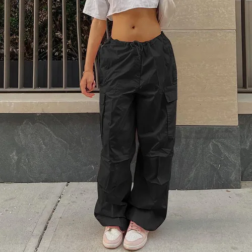 Vista 4 de IWEMEK Pantalones de paracaídas para mujer, pantalones cargo holgados con bolsillos, cordón de ajuste de cintura baja, pantalones Y2K, holgados, hip