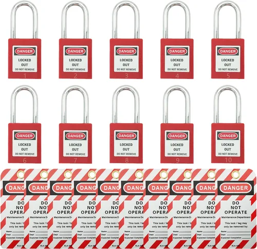 Vista 9 de SAFBY Loto - 7 candados de bloqueo diferentes con llave con 10 etiquetas de bloqueo, candados seguros para estaciones y dispositivos con 7 números