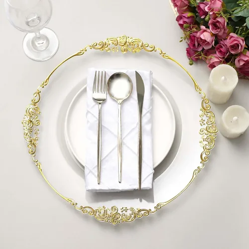Vista 7 de Tableclothsfactory Paquete de 6 platos barrocos redondos de oro transparente de 13 pulgadas, borde en relieve de hojas para decoración de mesa
