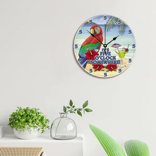 Vista 2 de ArogGeld Reloj tropical en algún lugar de madera, reloj de pared de madera, funciona con pilas, 12 pulgadas, sin tictac, moderno, para sala