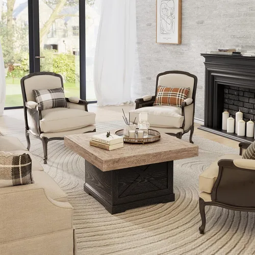 Vista 9 de Mesa de centro Lareth 31.5 pulg. Mesa rústica central con diseño en X de madera pedestal para sala de estar, mesa auxiliar cuadrada de roble oscuro