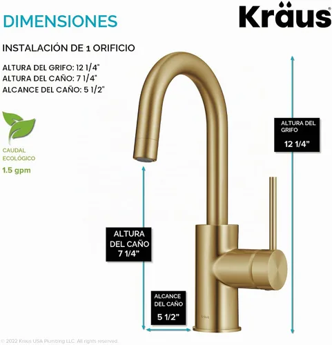 Vista 4 de KRAUS Oletto - Grifo de barra de cocina de un solo mango con ensamble de montaje superior QuickDock en latón cepillado, KPF-2600BB Cobrizo cepillado