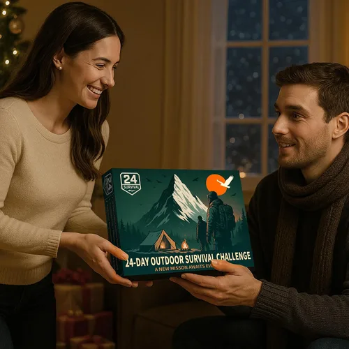 Vista 6 de Calendario de Adviento de supervivencia 2025 para adultos, cuenta regresiva de Navidad de 24 días para hombres con kit de supervivencia al aire