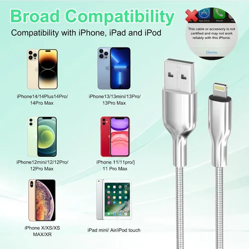 Vista 9 de Cable USB a Lightning de 6.6 pies a prueba de mordidos, cable de carga para iPhone a prueba de perros y gatos, cable de carga para iPhone plateado