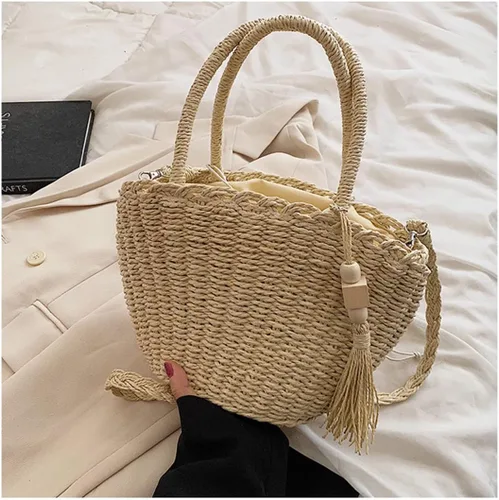 Vista 3 de Bolsos de paja para mujer, para verano, playa, tejido de ratán, con borla, para mujer