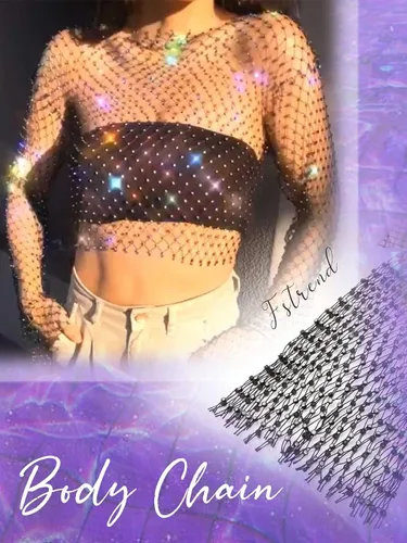 Vista 2 de Fstrend Cadena de malla de cristal con diamantes de imitación, parte superior corta negra, manga larga, bikini transparente, A