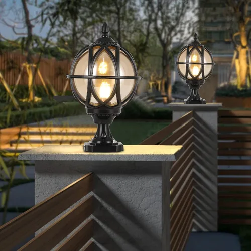 Vista 7 de Lámpara de poste para exteriores, base E26 de 60 W máx. Luces de columna con carcasa de aluminio negro más vidrio ámbar IP55 impermeable linterna