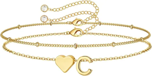 Vista 22 de M MOOHAM Pulseras de oro con inicial de corazón para mujer, pulseras con dije de letra A-Z de corazón dorado en capas para mujer, pulseras