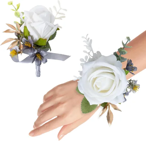 Vista 9 de Juego de ramillete y boutonniere para novio, novia, padrinos de boda, fiesta de graduación, rosas artificiales para hombres, boda, madre, abuela