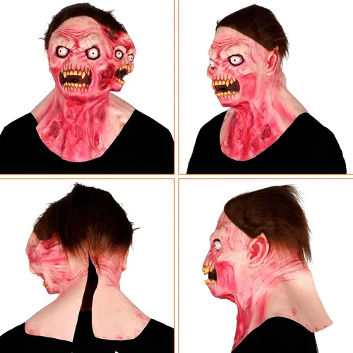Vista 7 de Pigmiss Máscara de zombi aterradora de cabeza completa de látex realista de demonio, máscara divertida de doble cabeza espeluznante de boca abierta