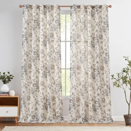Vista 60 de Jinchan Cortinas de Mezcla de Lino con Estampado Floral para Sala de Estar, 84 Pulgadas de Largo, Cortinas con Bolsillo para Varilla y Tab Trasera