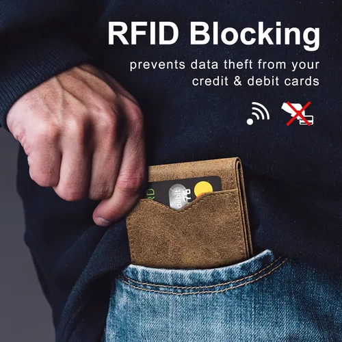 Vista 4 de GSOIAX Billetera delgada para hombre minimalista de cuero genuino fibra de carbono con bloqueo RFID de cuero vacuno plegable con caja de regalo
