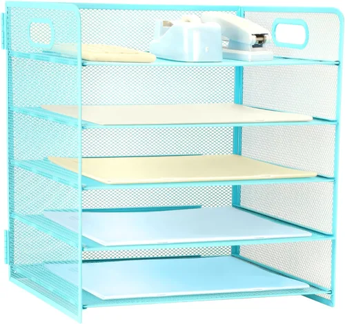 Vista 11 de Organizador de 3 niveles con asa, organizador de archivos de escritorio de malla metálica con bandejas deslizantes, escritorio clasificador de papel