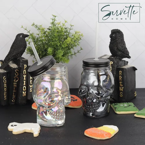 Vista 2 de Servette Home Vaso de 18 onzas con popote reutilizable y tapa a prueba de fugas, vaso de calavera de cristal, iridiscente