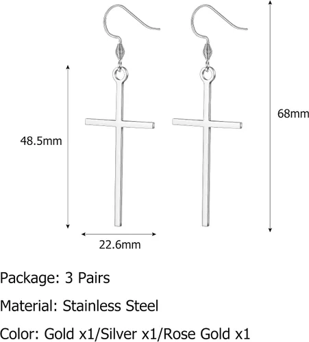 Vista 2 de HAIAISO 3 pares de aretes de cruz de acero inoxidable clásicos de oro rosa, plata y cruz colgantes, joyería de cruz minimalista para mujer